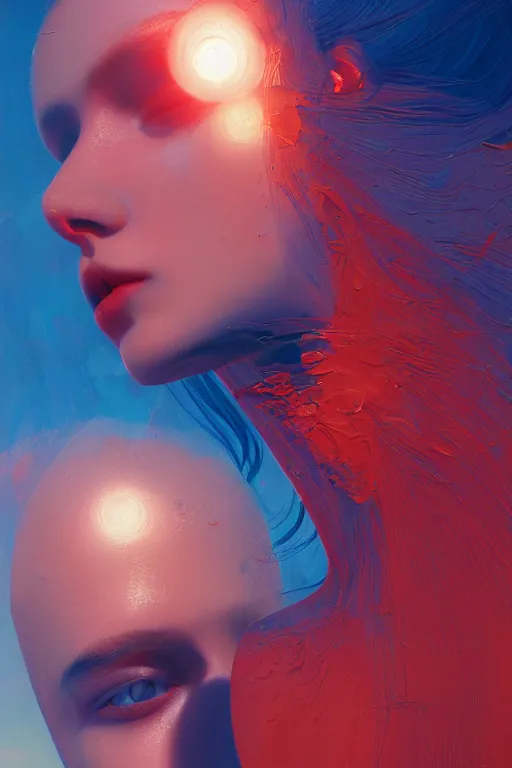 Image similar to 3 d, sci - fi, sunrise, sleepy fashion model face, blue faces, sun, cinematic, vogue cover style, poster art, light red and deep blue mood, realistic painting, intricate oil painting, high detail, figurative art, multiple exposure, poster art, 3 d, by tooth wu and wlop and beeple and greg rutkowski