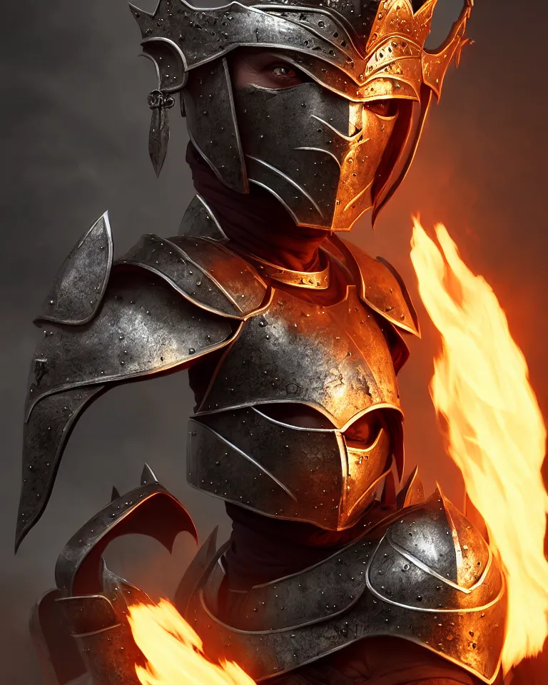 Prompt: epic portrait of female orc in plate armour and crown of fire by cleavanger and elvgren epic awesome gorgeous symmetrical perfect octane vfx maya render realistic
