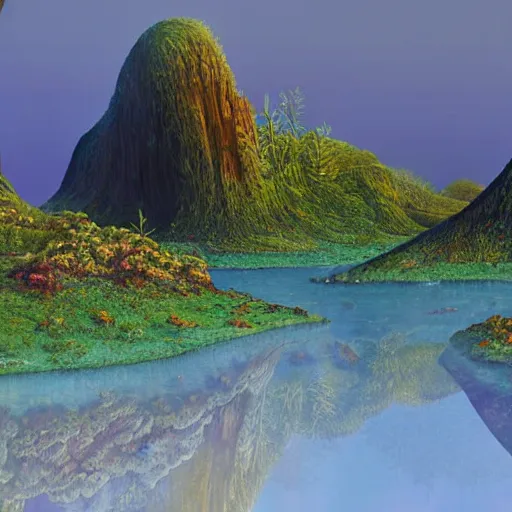 Image similar to digital painting of a lush natural scene on an alien planet by moebius. ultra sharp high quality digital render. detailed. beautiful landscape. colourful weird vegetation. cliffs and water.