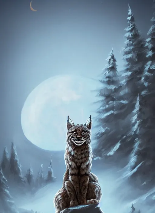 Image similar to anthropomorphic lynx standing tall, holding a scepter, night, spruce trees on the sides, mountains in the background, eerie dark atmosphere, moonlit, back light, fantasy movie, fantasy art, fantasy matte painting, trending on artstation