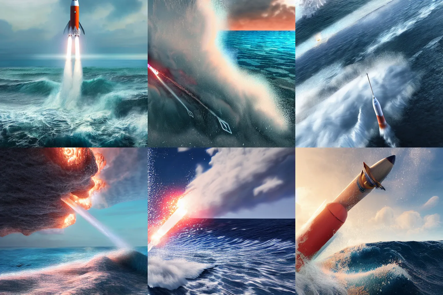 Prompt: a highly detailed digital image of a rocket launching out of the ocean, extremely realistic waves by Andrew Chiampo, artstation, and Frederik Heyman, extremely detailed woman, stunning volumetric lighting, hyper realism, fantasy 4k, 8k,