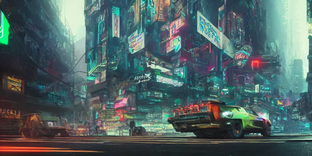 Image similar to a 3 d rendered in unreal engine guatemalan cyberpunk city with neon ads and signs with evocative dramatic mood with blade runner vibe with cars and floating vehicles with motion blur with depth of field with bloom with lightshaft with volumetric lights, fog, by jeremy mann, oscar winning graphics, photo realistic, bloom, imax, dynamic lighting, artstation,