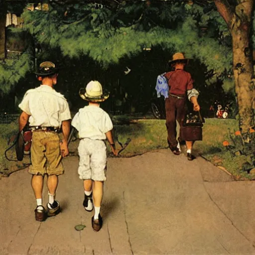 Prompt: rear view of a woman, a man and a young boy, walking in a zoo, oil painting by norman rockwell
