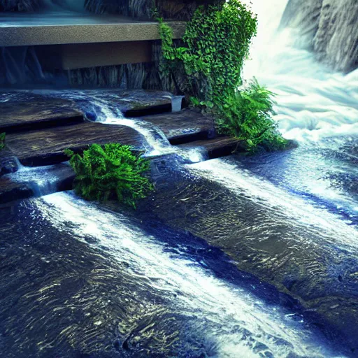 Image similar to a stairway of flowing water, hyperrealistic, 8 k, octane render, unreal engine, highly detailed, a real photographic, digital art, 8 k, realistic, ocatne render