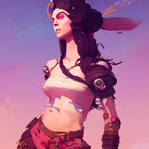 Image similar to a beautiful post apocalyptic gypsy wearing crop top, concept art by pete mohrbacher and guweiz and ilya kuvshinov, digital art, highly detailed, intricate, sharp focus, trending on artstation hq, deviantart, unreal engine 5, 4 k uhd image