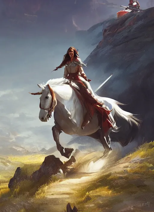 Prompt: legendary warrior queen riding steed, ridge, sweeping views, by greg rutkowski