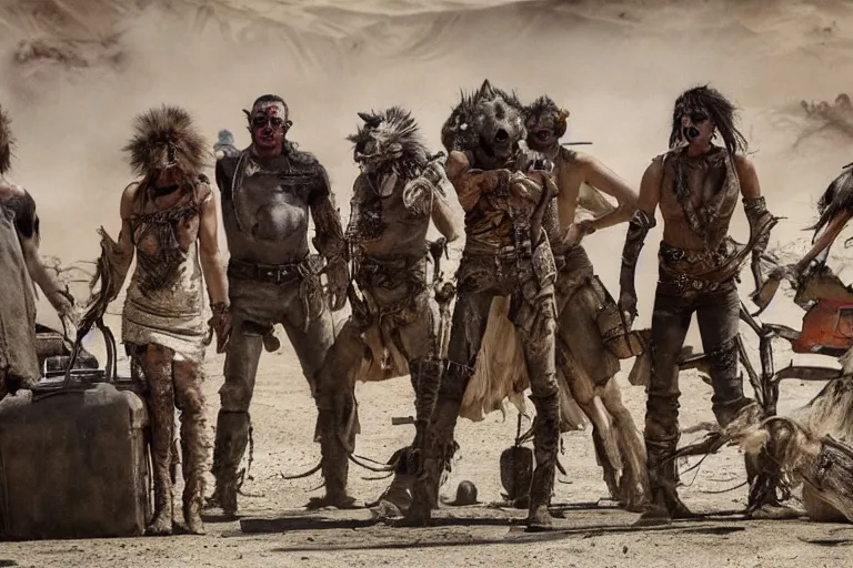 Prompt: a film still from the movie mad max fury road of the anthropomorphic anthro hyena crocuta raiders wearing scavenger clothes standing in the post apocalyptic wasteland