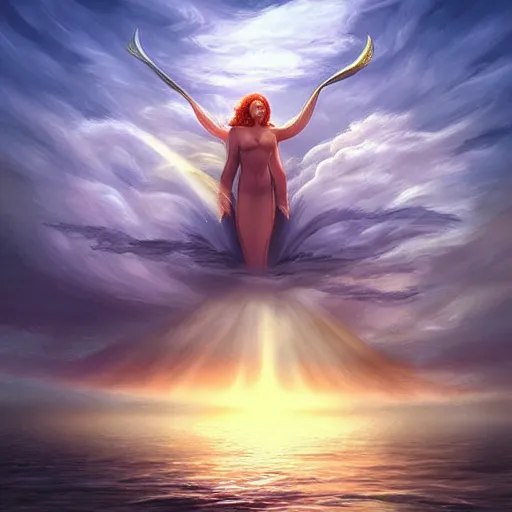 Image similar to “giant mermaid swimming through the clouds. Digital art, Trending on ArtStation, God rays”