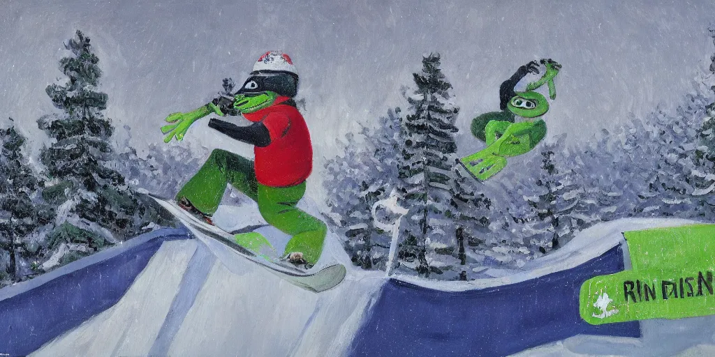 Prompt: pepe the frog snowboarding in terrain park, ramps, half - pipe, gloomy landscape, expressive oil painting by christopher radlund and camille pissaro