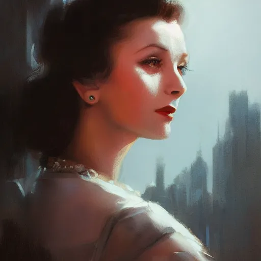 Image similar to closeup portrait of a young vivian leigh, dramatic lighting, city background, night, moon, chiaroscuro, high detail, painted by greg rutkowski, painted by igor kieryluk, painted by bobby chiu, trending on artstation