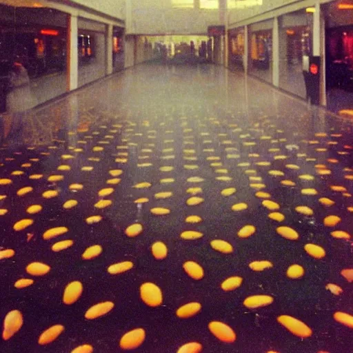 Prompt: Beautiful Liminal Grainy foggy disposable-camera Photograph of a infinite Mall with many potatoes on the floor