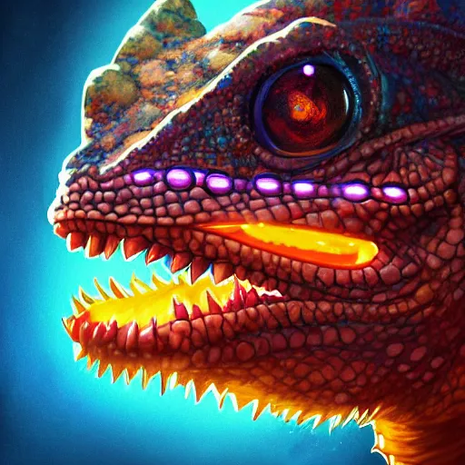 Prompt: close up portrait of a young chameleon lizard man as a wizard, pixar style, stylized face, intricate detail, digital painting, glowing orange eyes, neon colors, whimsical, particles floating, background by wlop, artwork by ross tran and ramond swanland and liam wong and mike winklemann, trending on artstation