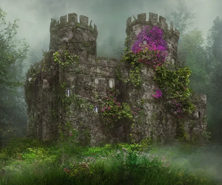 Image similar to old rundown castle in the middle of a haunted forest, foggy, high fantasy, colorful flowers, aged vegetation, photorealism