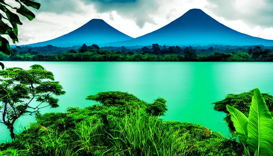 Prompt: a beautiful green scene, guatemalan lake full of bright blue water, volcano in background, high definition, beautiful award winning photography, 8 k.