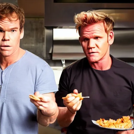 Image similar to dexter morgan and gordon ramsay eating fried chicken