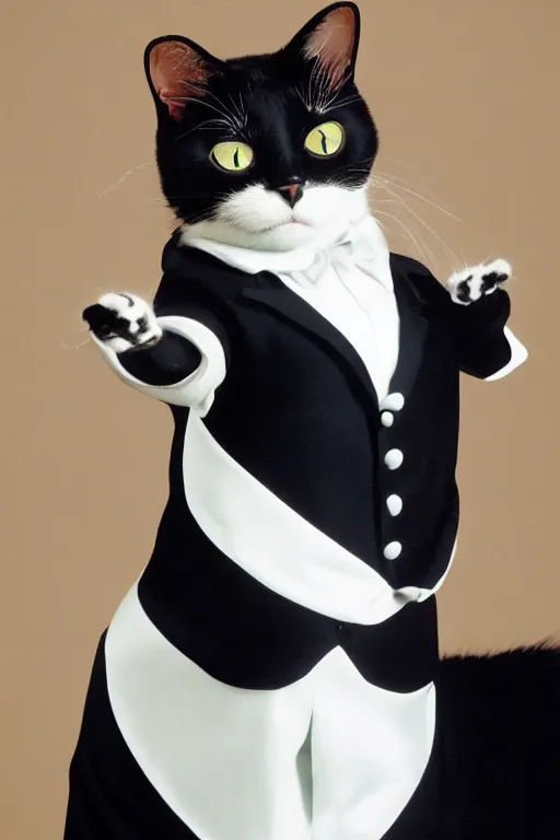 Image similar to anthropomorphic color photo of a cat wearing a tuxedo costume from 2 0 0 0 era, realistic