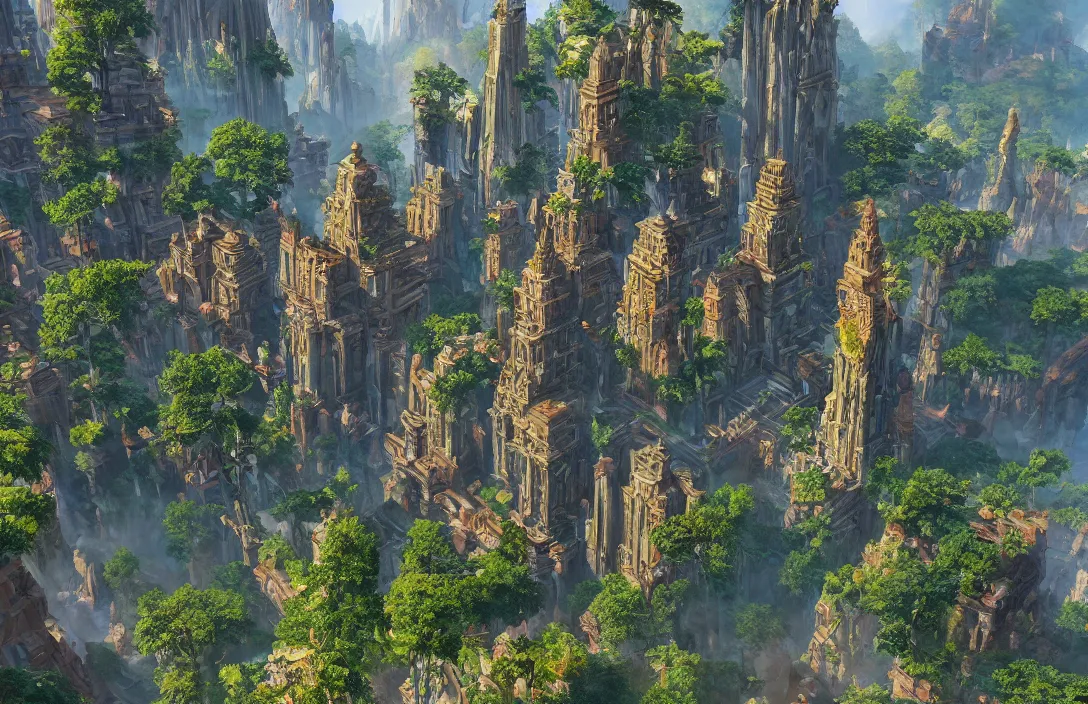 Prompt: a beautiful and highly detailed painting of a towering bloomcore temple built on a world of massive scale flora | establishing shot | unreal engine :. 3 | impasto :. 6