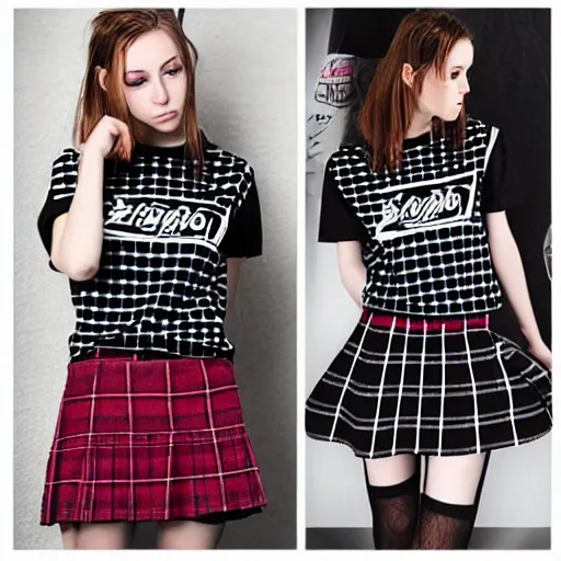 Prompt: female model teenage emo photography plaid skirt band shirt