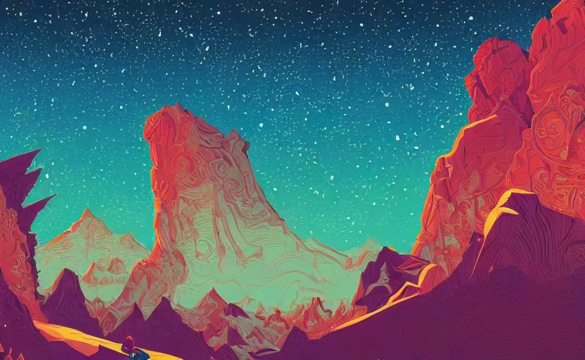 Image similar to mountains, stars and paisley filled sky, artstation, intricate, highly detailed, digital painting, concept art, sharp focus, illustration by tom whalen and charles williams and kilian eng and james jean