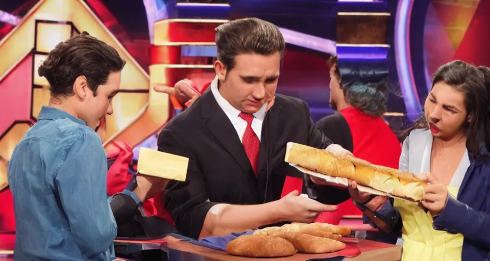 Prompt: girl opens briefcase to reveal a subway sandwich on deal or no deal, contestant is crying, photograph