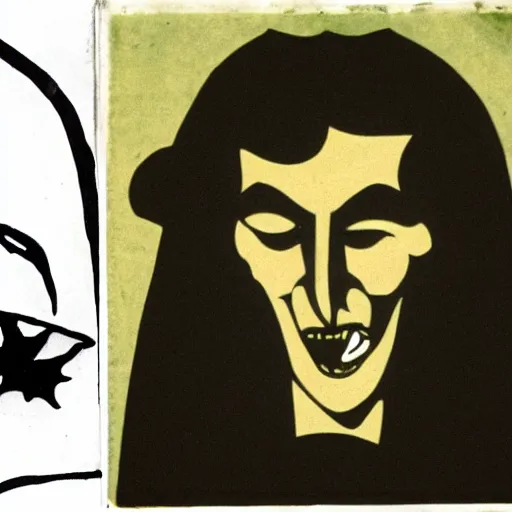 Image similar to the central image is a dracula like face, which appears to be staring directly at the viewer. the sun shines its light down as if it is burning the daylights out of the vampire. a dark background is placed behind it.
