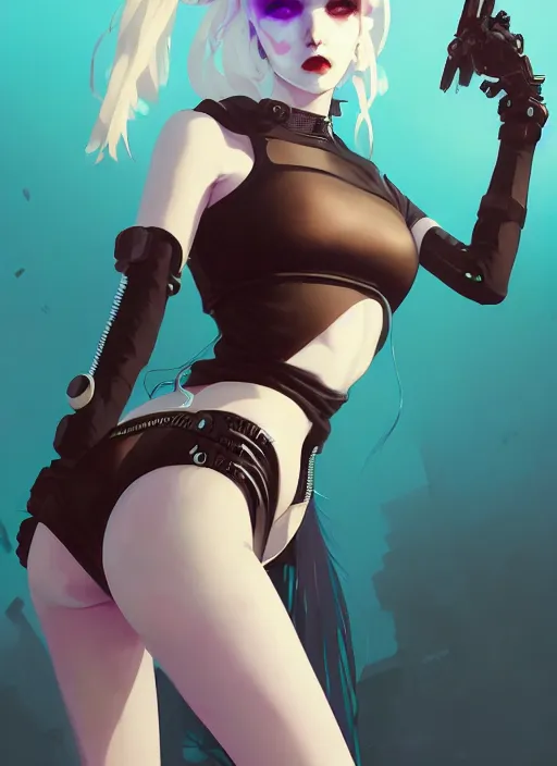 Image similar to portrait of cute goth girl in cyber bikini armor, face by ilya kuvshinov, warhammer, cyberpunk, by atey ghailan, by greg rutkowski, by greg tocchini, by james gilleard, by joe fenton, by kaethe butcher, dynamic lighting, gradient light blue, brown, blonde cream and white color in scheme, grunge aesthetic