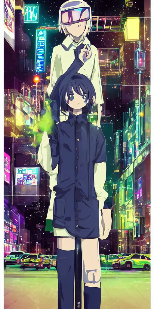 Image similar to Android wearing a school uniform, smoking a cigarette while standing on street corner lit by a neon sign”, full body shot, Digital art, detailed, anime