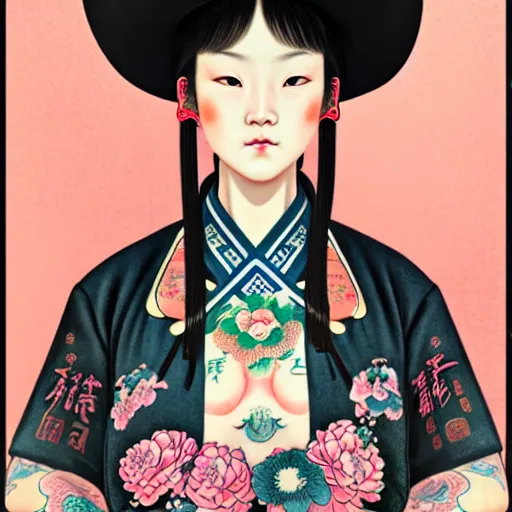 Image similar to full view of a girl from the qing dynasty with tattoos, wearing an american cowboy hat from the old west, style of yoshii chie and hikari shimoda and martine johanna, highly detailed