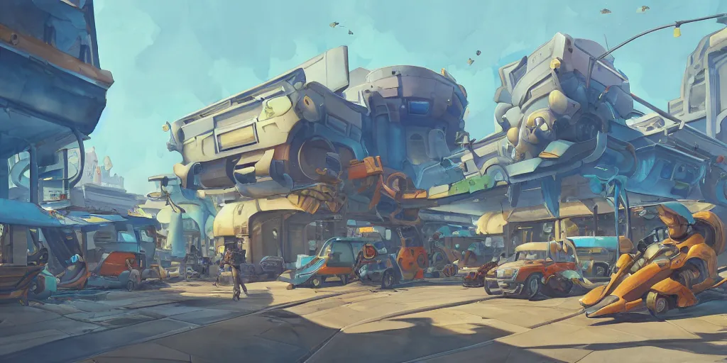 Image similar to overwatch building, stylized, exterior, architecture, in watercolor gouache detailed paintings, insanely detail, artstation, 8 k, futuristic, big medium small, arcane, simon stalenhag, food stall, interesting shapes & form, golden ratio, megastructures, vitaly bulgarov, mall, junkyard