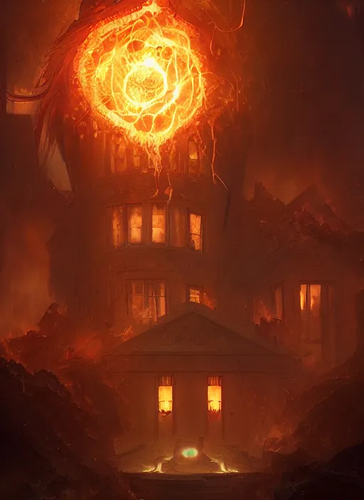 Image similar to azathoth destroying a glowing mansion in burning vapor dramatic lighting fantomatic head and faces floating catching fire, artstation, matte painting, bastien lecouffe deharme, aykut aydogdu, allen williams, artem chebokha