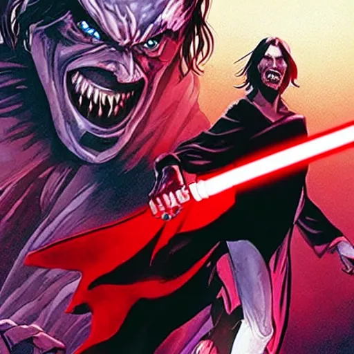 Prompt: morbius. morbius!!!!!!!!!! morbius. morbius holding a lightsaber. and skywalker, pyramids in background.