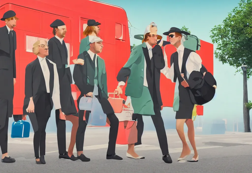 Image similar to full body portrait of a trio of european tourists getting off a tour bus for sightseeing, character designs painting, in the style of wes anderson, rene magritte, lola dupre, isolated on white background, dark monochrome neon spraypaint accents volumetric octane render