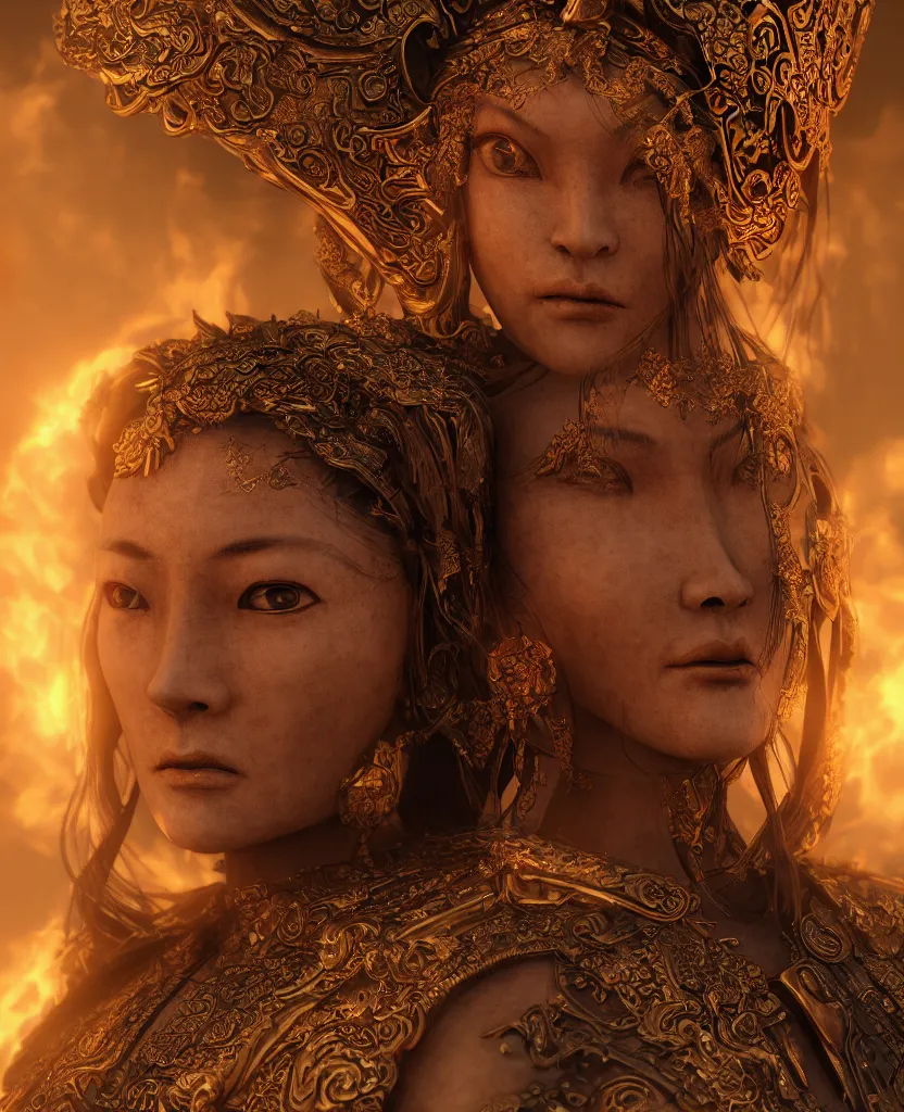 Image similar to ancient mongolian evil goddess portrait. burning magical halo. cinematic light. rendered in octane render. trending on artstation and cgsociety. depth of field. intricate ornaments
