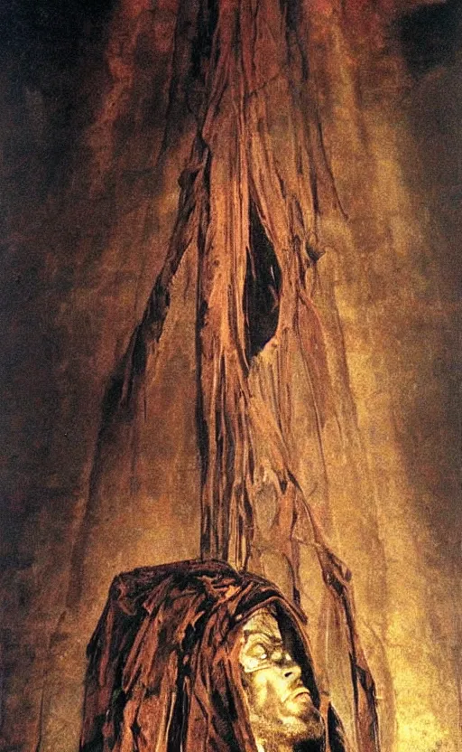 Prompt: underground!! mummified red jesus christ looking up wearing blindfold!!!!! sitting on a huge!!!! throne of entwined bodies,'massive mummified head looming '!!!! elegant, ominous, highly detailed painting by goya!!! phil hale!! gaston bussiere, craig mullins, michelangelo, 8 k,