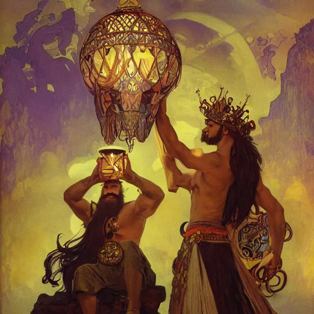 Image similar to an aesthetic! a detailed portrait of a man in a long beard, with a crown, holding a lantern with huge piles of gold in the background, ravens flying overhead by frank frazetta and alphonse mucha, oil on canvas, art nouveau dungeons and dragons fantasy art, hd, god rays, ray tracing, crisp contour lines, huhd