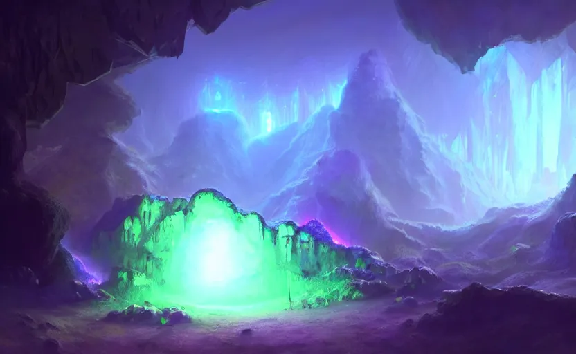 Prompt: a blurry ambient glowing crystal in the distance of a giant cave, crystals, dynamic lighting, ambient lighting, atmospherical, photorealistic fantasy concept art, trending on art station, stunning visuals, creative, cinematic, ultra detailed
