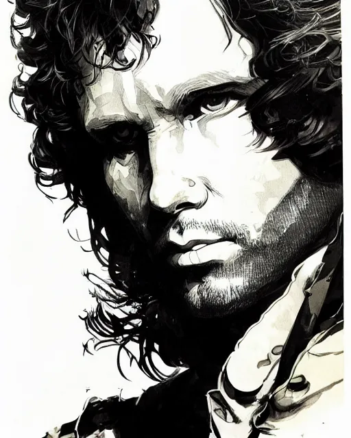 Image similar to portrait of jim morrison, concept art, sumi - e style, intricate linework, artstation, trending, highly detailed, smooth, focus, art by yoji shinkawa and glenn fabry,