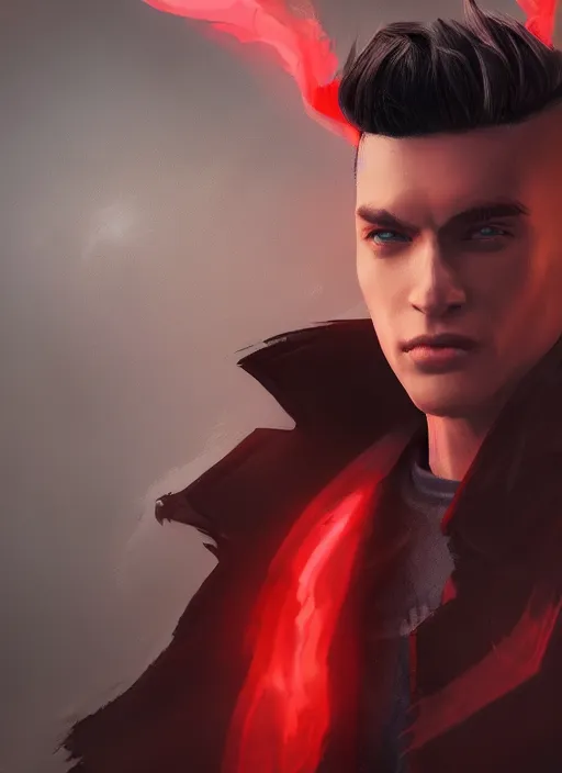Image similar to An epic fantasy comic book style portrait painting of a young man with black undercut haircut, wearing red clothes, black overcoat, blue jeans. Unreal 5, DAZ, hyperrealistic, octane render, cosplay, RPG portrait, dynamic lighting
