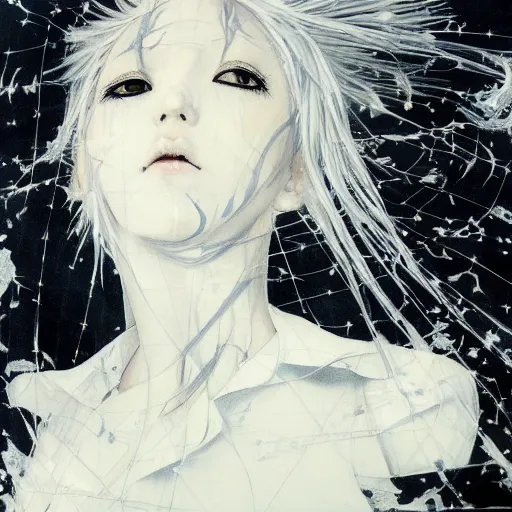 Image similar to Yoshitaka Amano realistic illustration of an anime girl with white hair and cracks on her face wearing dress suit with tie fluttering in the wind, abstract black and white patterns on the background, noisy film grain effect, highly detailed, Renaissance oil painting, weird portrait angle