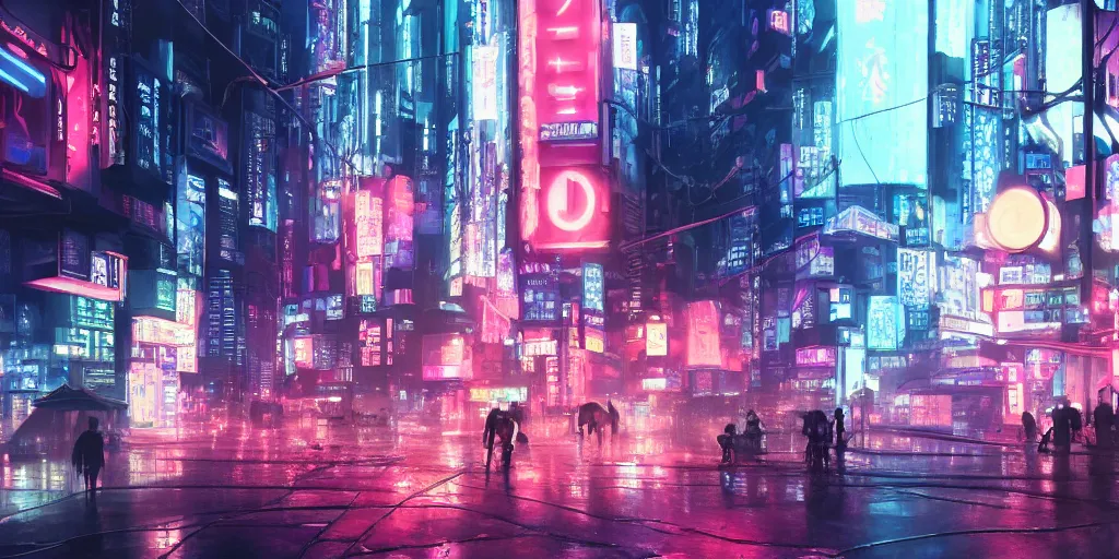Prompt: a film still from ghost in the shell by james paick - a busy cyberpunk city street with neon signage and holograms, vibrant, 5 0 mm lens, video game environment design, behance hd, evening, dramatic lighting, rainy and misty, cinematic, global illumination, deviant art, trending on artstation, bloom