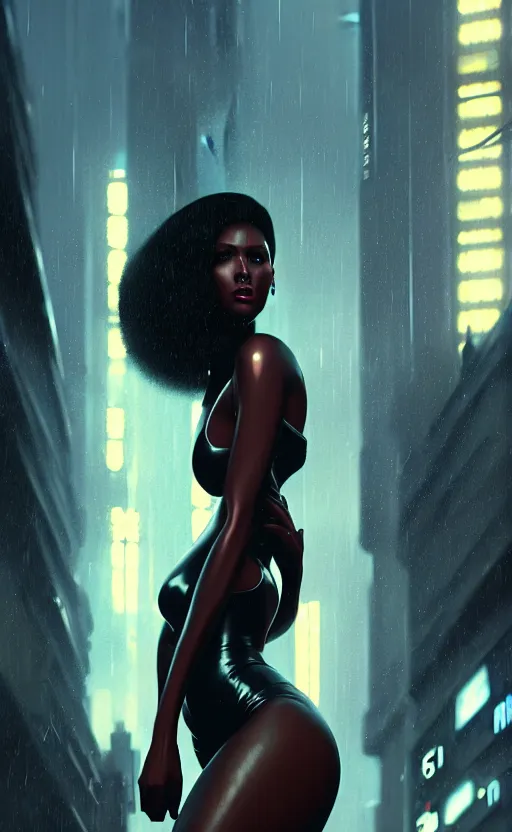 Prompt: hyper - realistic, digital matte painting of an attractive black femme fatale woman, blade runner environment, cinematic lighting, 4 k textures, sharp focus, by greg rutkowski, by ilya kuvshinov, by eric - anthony johnson
