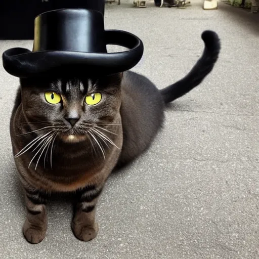 Image similar to a cat wearing a black leather hat, frontal view, cool looking