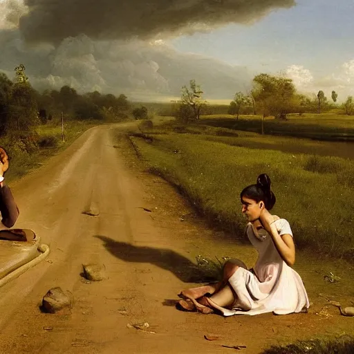 Prompt: a teen girl is sitting at the roadside of a desolate highway in assam crying on bended knees, and a young guy in futuristic dress is gazing at her from a little distance with sympathetic eyes, art by pieter claesz, beautiful assam countryside background Albert Bierstadt, but as realistic natural photography, movie still, cinematic bright sunny daylight, intricate detailed