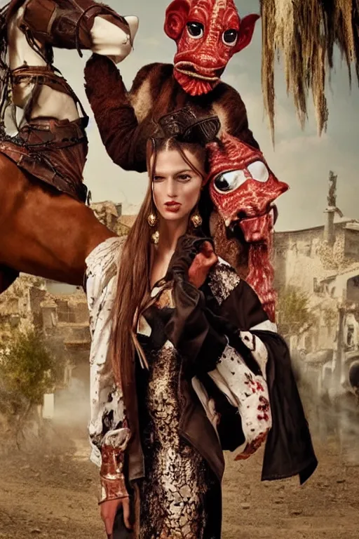 Image similar to dolce & gabbana campaign featuring jar jar binks as a female cowgirl, long eyeslashes, huge juicy lips, big seductive eyes, shot by mario testino, realistic vfx simulation