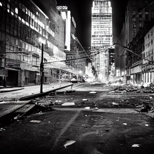 Prompt: photo of abandoned destroyed new york city street at night after the war between humans and ais, film grain, soft vignette, canon eos digital rebel xti, 1 0 0 - 3 0 0 mm canon f / 5. 6, exposure time : 1 / 1 6 0, iso 4 0 0