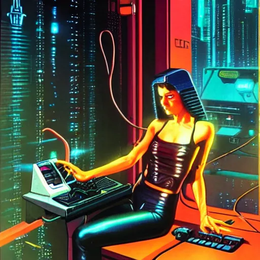 Image similar to cable plugged into cyberdeck, right temple, cyberpunk woman, computer, 1 9 7 9 omni magazine cover, style by vincent di fate, cyberpunk 2 0 2 0