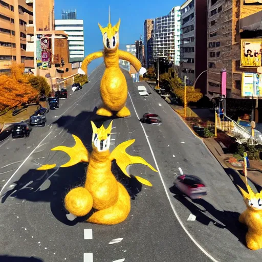 Image similar to photo of an enormous full sized needle - felted mecha king ghidorah crossing a busy street golden hour