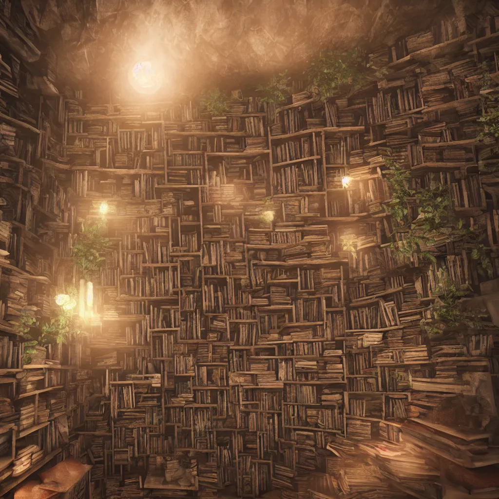 Prompt: there are many books and bookshelves in a warm hut, spiral, unreal engine, global illumination, flowers, smoke, detailed and intricate environment, mysterious, comfort, in the style of aetherpunk