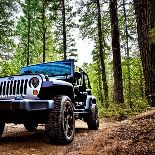 Image similar to a view from the driver side of a jeep wrangler in the woods, 4k, high detail, high-resolution photograph, professional photography, ultra-detail
