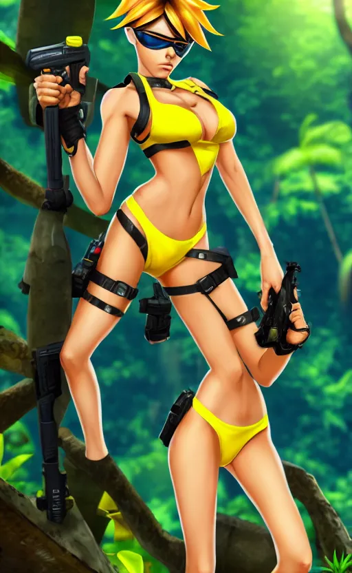 Image similar to tracer game character, in yellow bikini, blonde hair, black eyes, hands free, against the background of the jungle full height